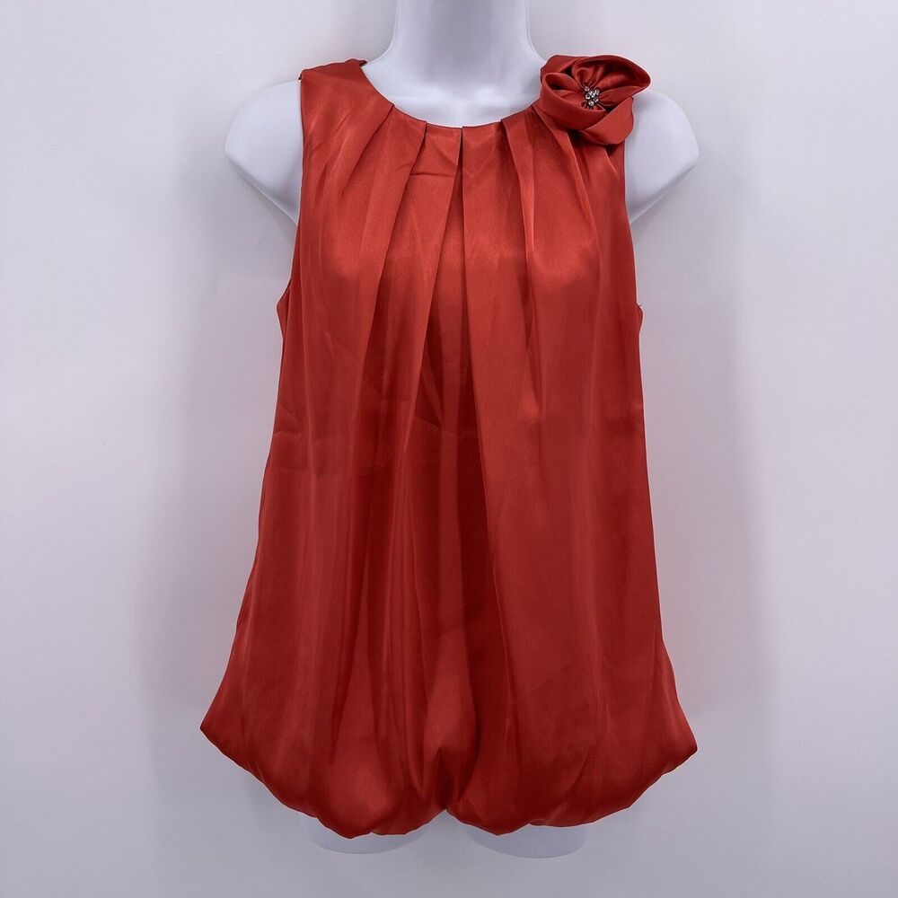 Bright Orange Silky Dressy Tank NW Collections Sz S Pleated Draped Bubble Hem